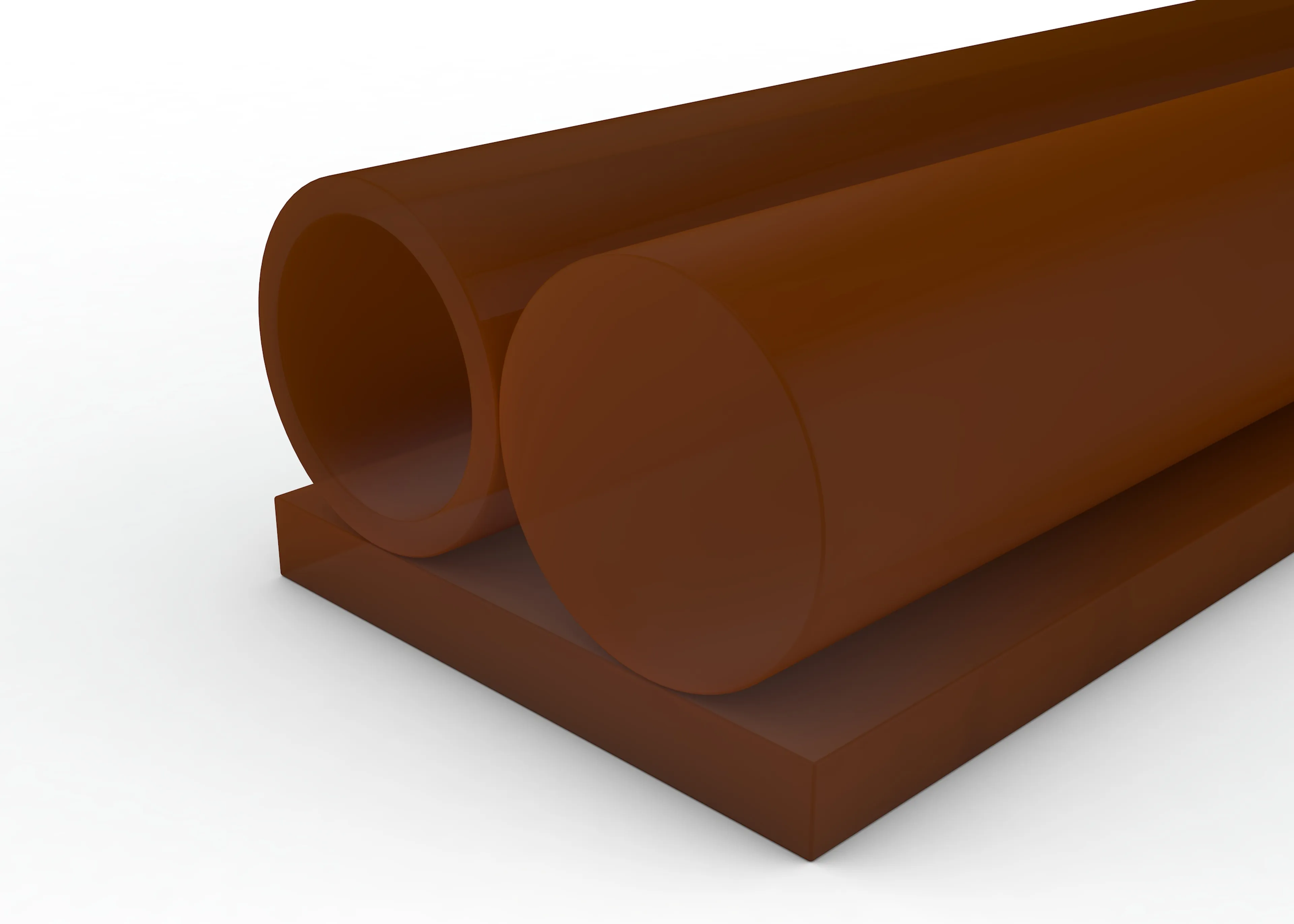 Two brown cylindrical rods on a matching rectangular base, placed parallel, against a plain white background.