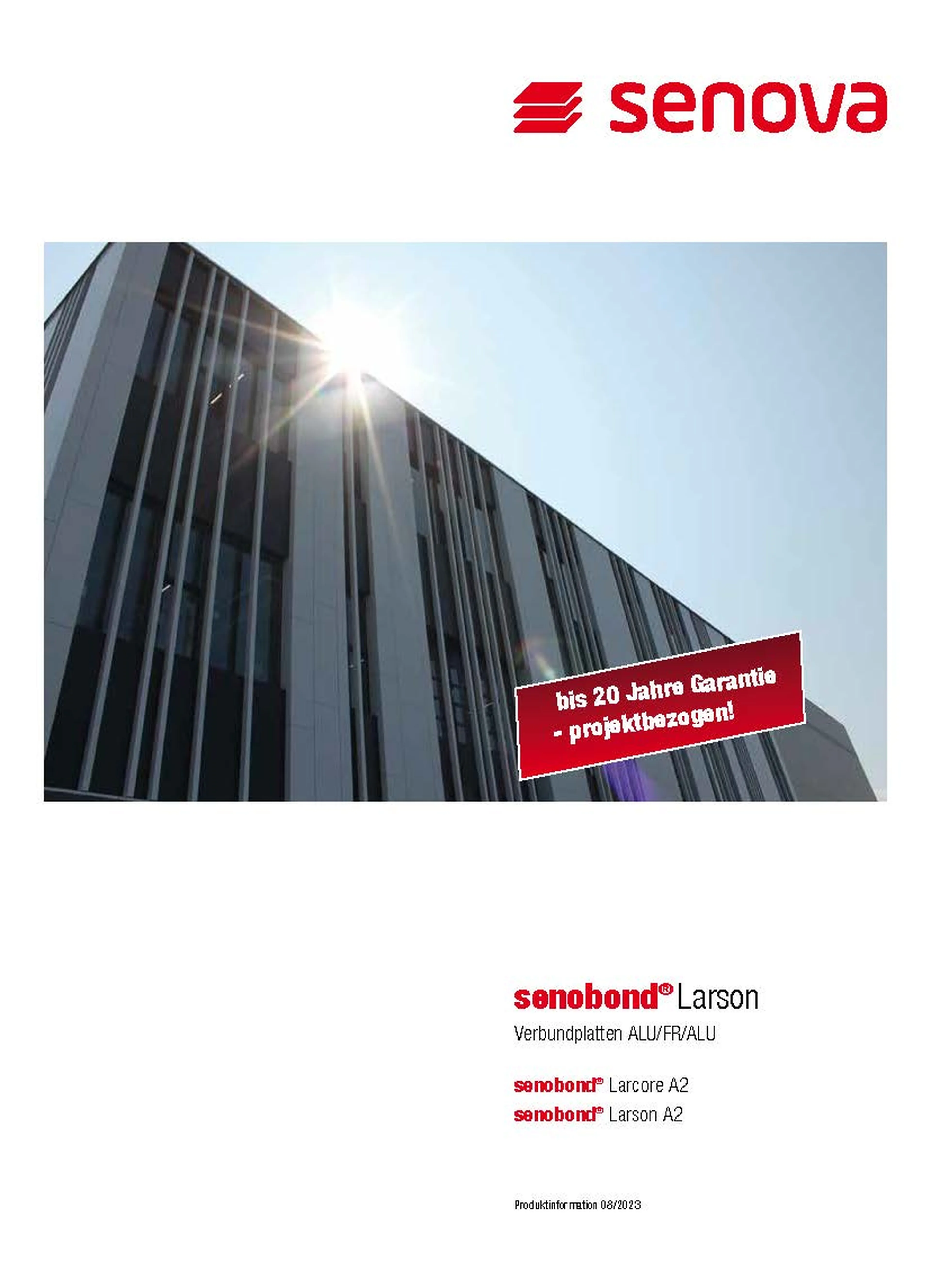 Senova pamphlet featuring a modern building facade and a "20 Jahre Garantie" label. "Senobond Larson" product information below.