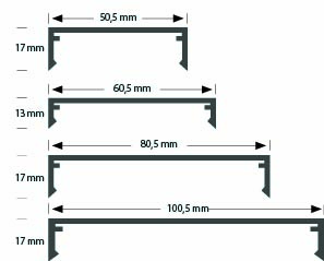 Four L-shaped brackets with varying widths (50.5 mm, 60.5 mm, 80.5 mm, 100.5 mm) and heights (13 mm, 17 mm) displayed in steps.