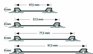 Illustration of four track rails with dimensions: 47.5 mm, 57.5 mm, 77.5 mm, and 97.5 mm width; all 8 mm height.