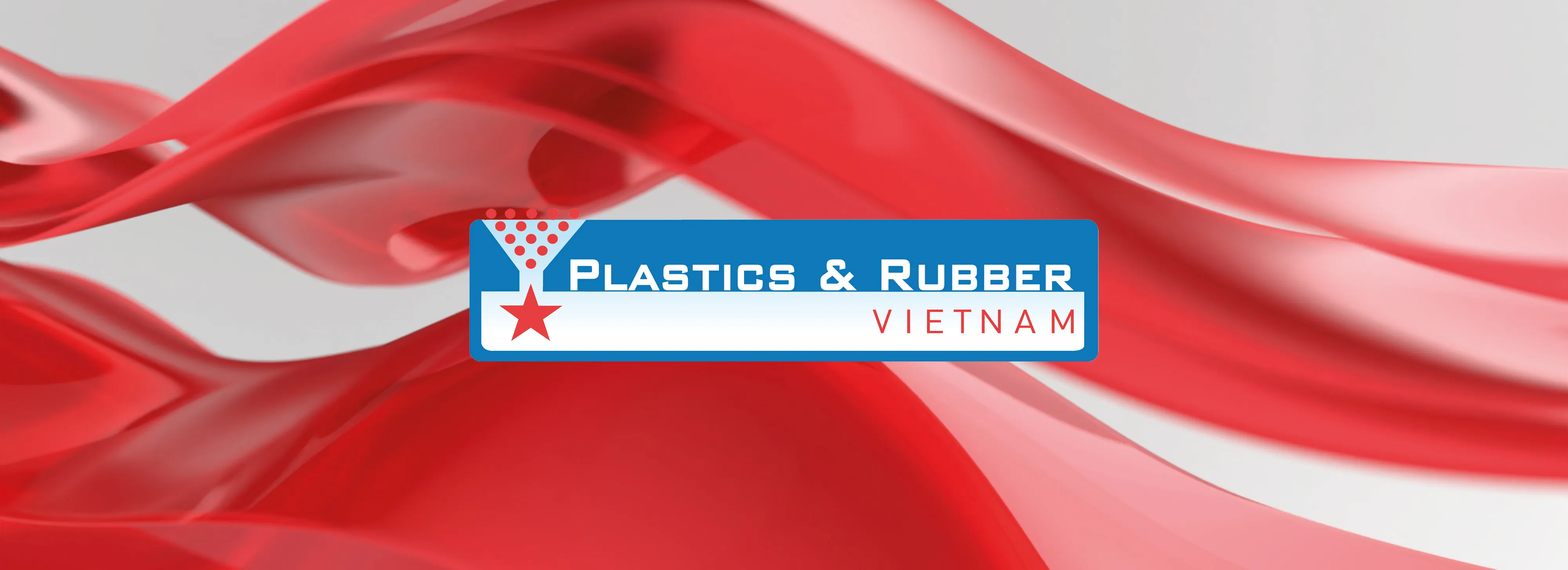 Flowing red abstract design with a logo reading "Plastics & Rubber Vietnam" atop a red and blue banner featuring a red star and triangle.