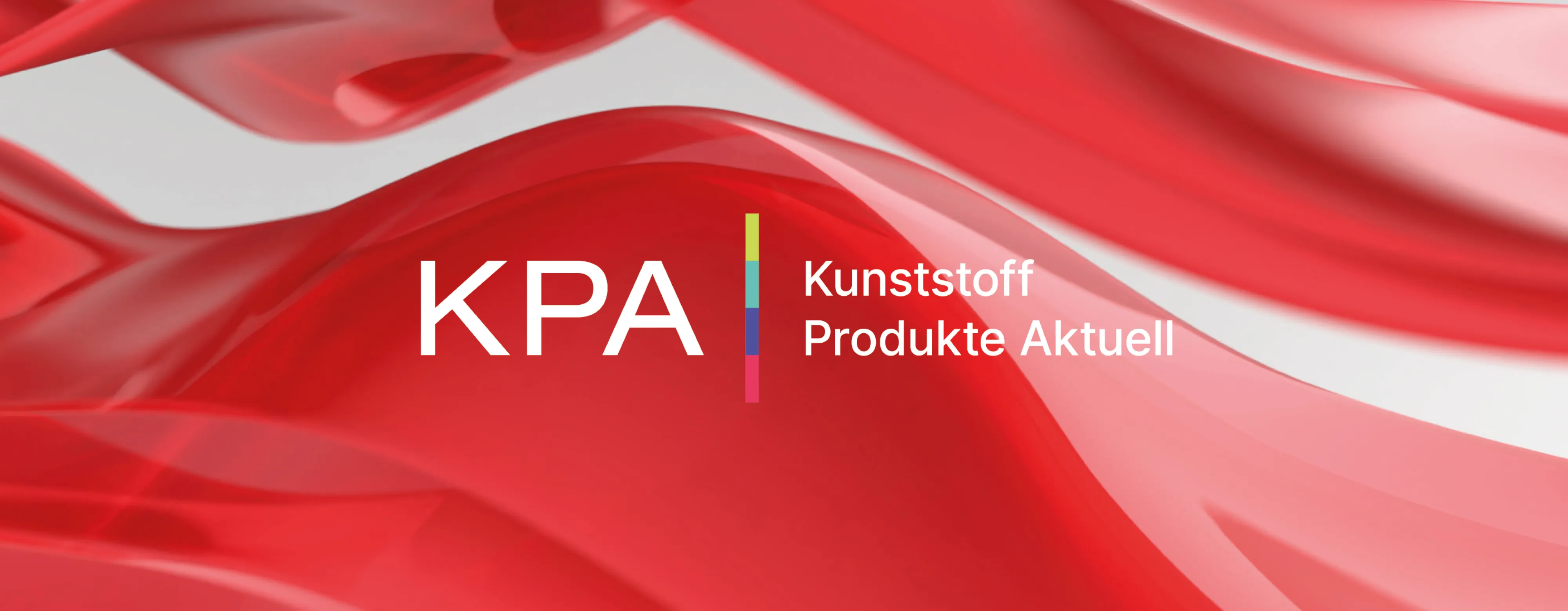 Red abstract waves with "KPA Kunststoff Produkte Aktuell" text overlaid, featuring a vertical color bar on a light background.