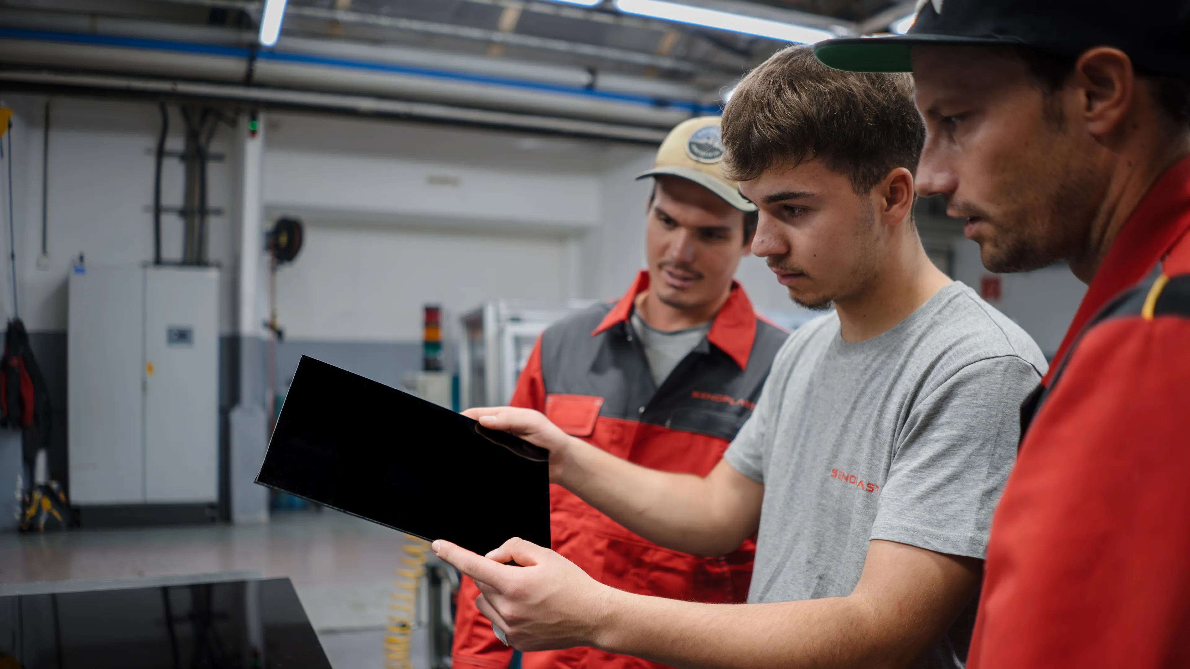 Three men in a workshop examine a black rectangular object. Two wear red uniforms, and one is in a gray shirt. Industrial equipment is visible.