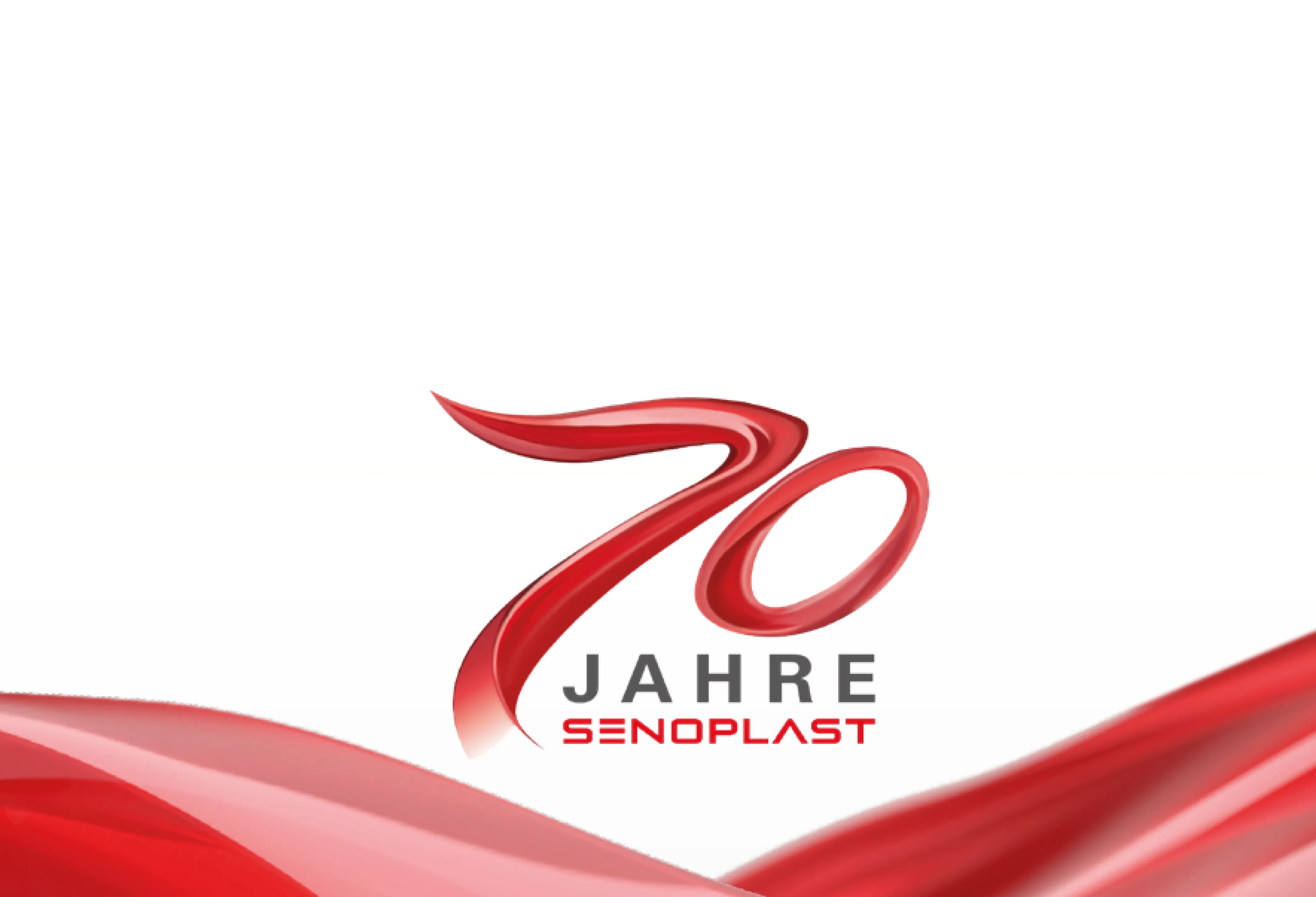 Red stylized "70" with "Jahre" and "Senoplast" beneath, set against a flowing red wave on a white background.