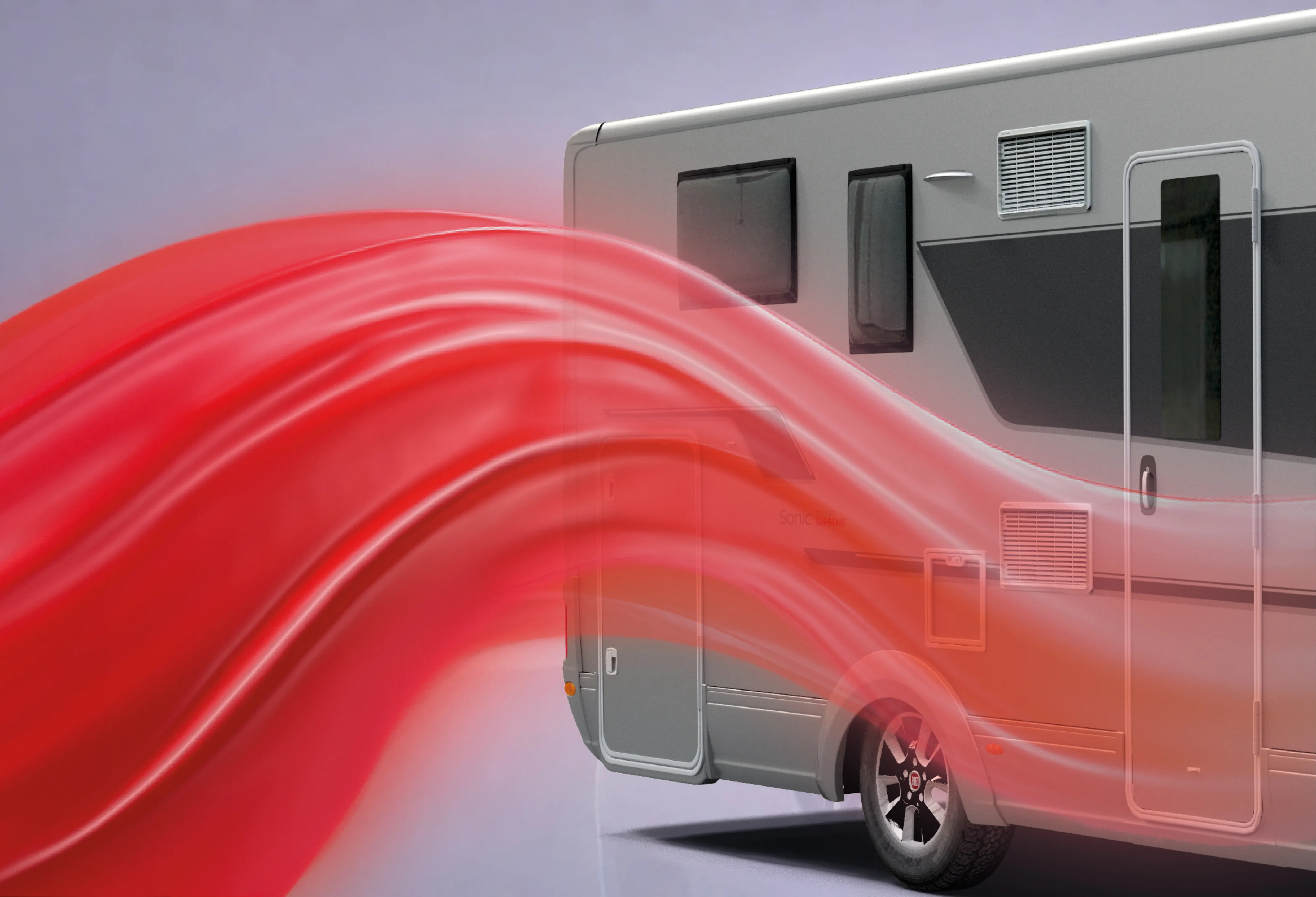A gray camper van with black windows is partially covered by flowing red ribbons, set against a gradient background.