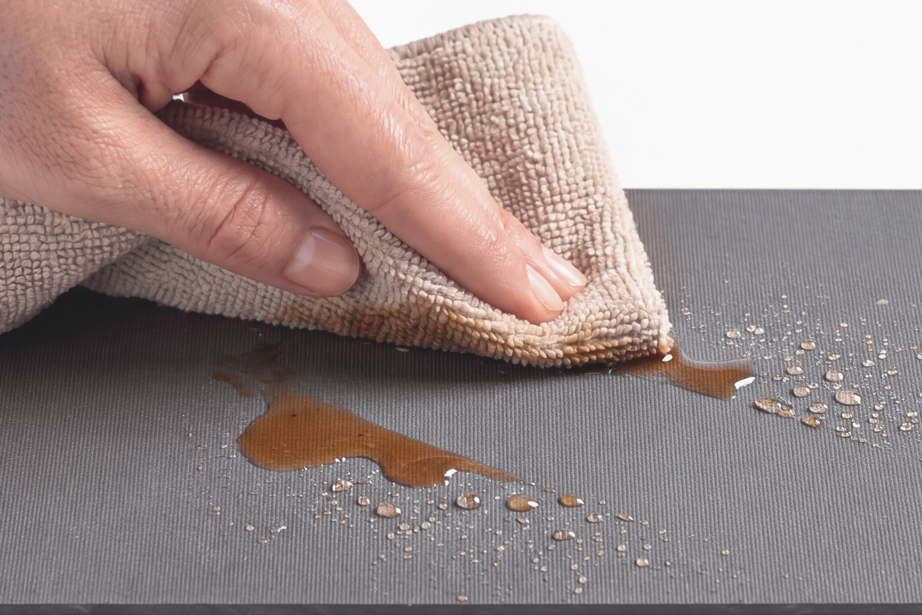 Hand wiping a dark spill with a beige cloth on a textured black surface.