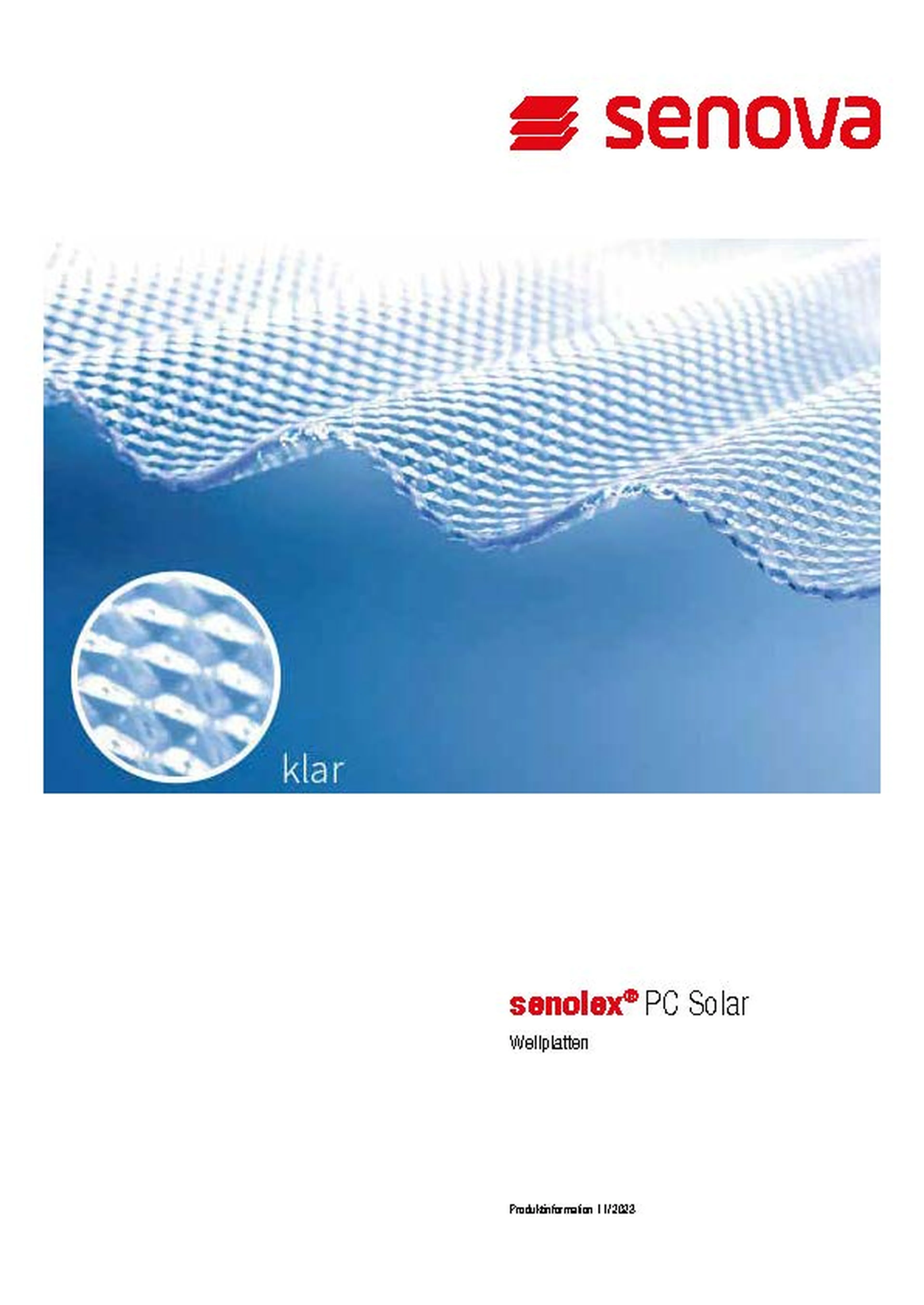 Textured clear polycarbonate sheet with Senova logo and "senolex PC Solar Wellplatten" text, featuring a close-up detail inset.