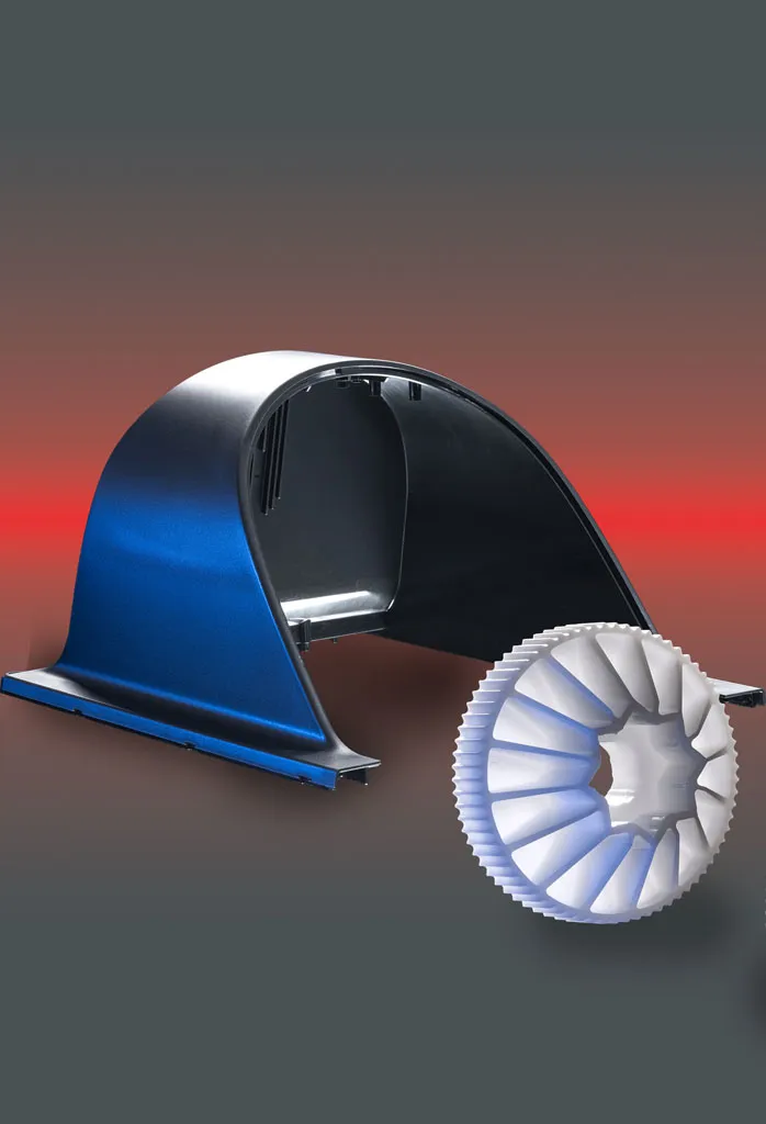 Various plastic objects set against a gradient red and gray background.