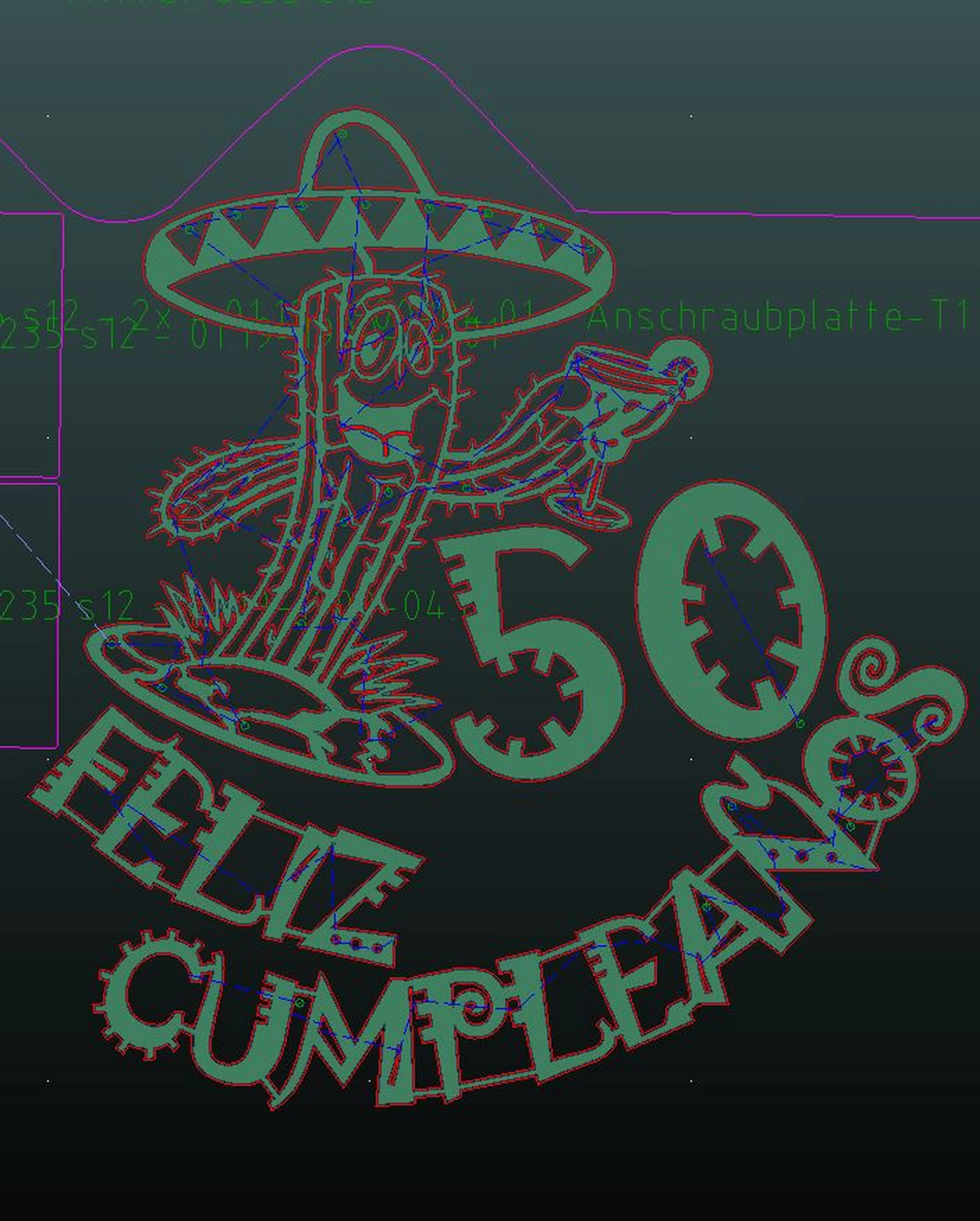 Farbenfrohe Konstruktionszeichnung eines Kaktus mit Sombrero, der ein Getränk in der Hand hält, mit dem Text „50 Feliz Cumpleaños“ in festlichem Stil.