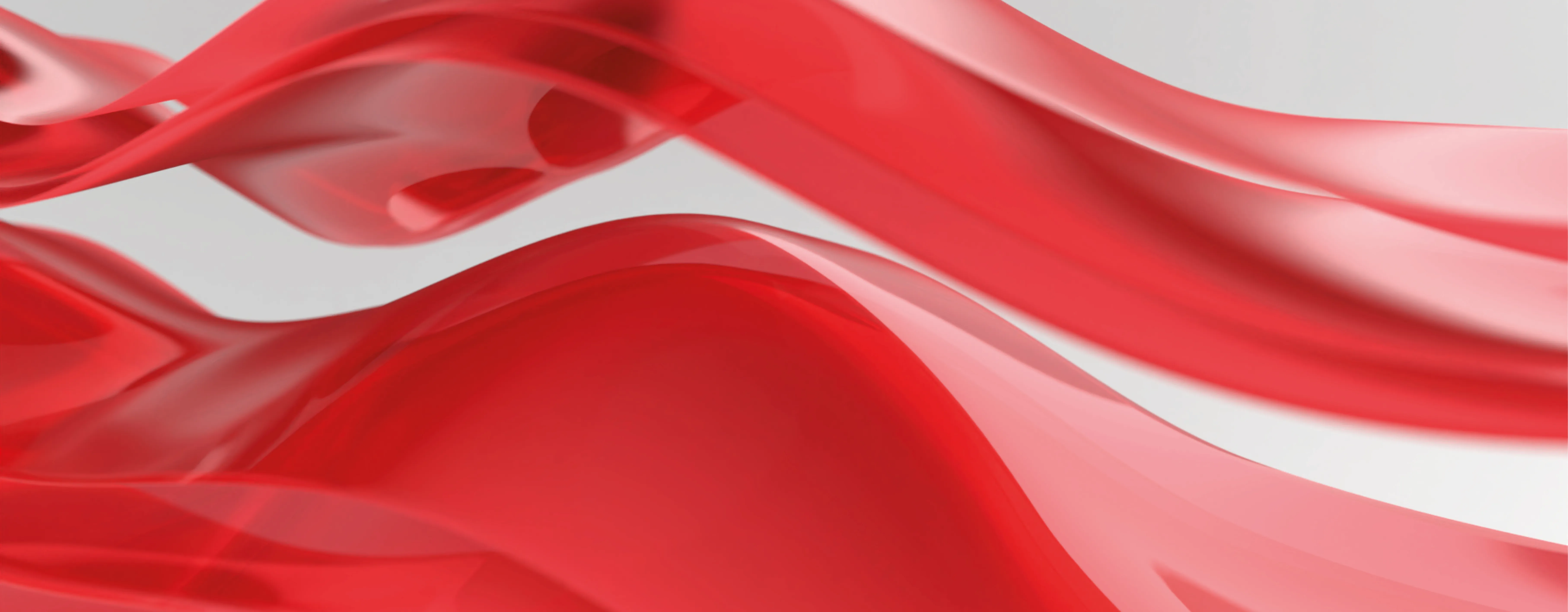 Flowing red abstract shapes with smooth, translucent surfaces against a light gray background.
