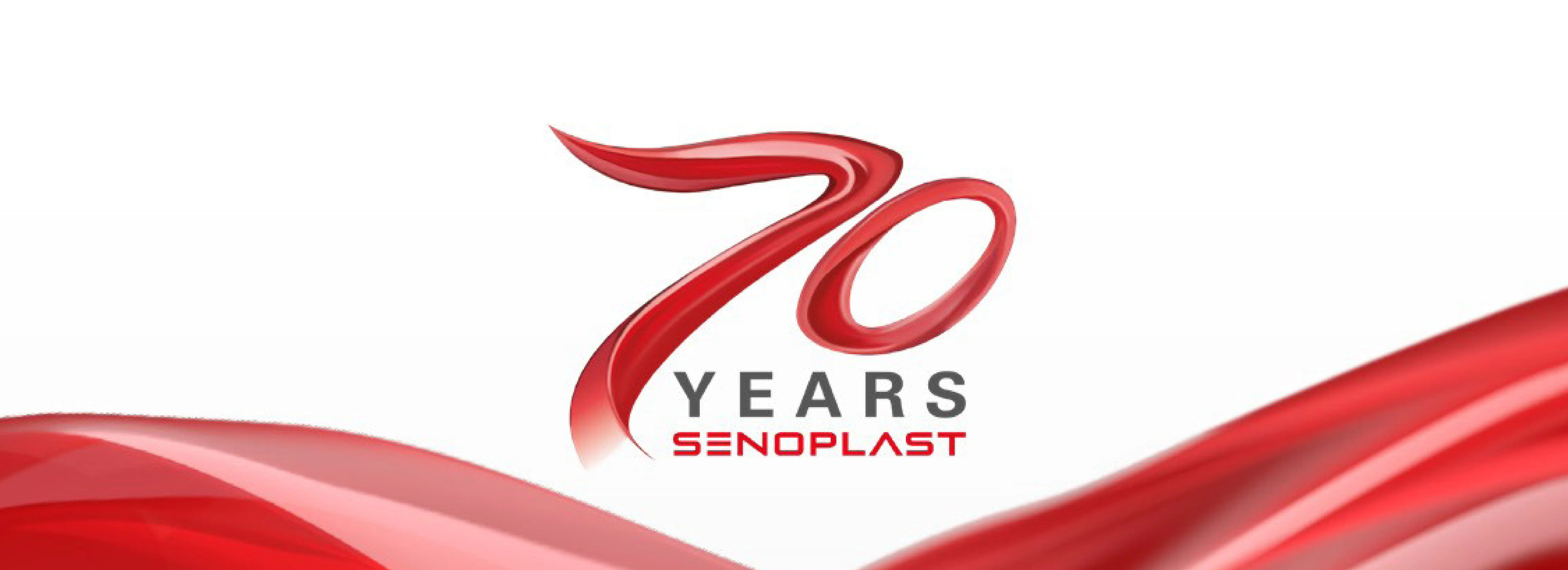 Logo celebrating 70 years of Senoplast, featuring stylized red number "70" and flowing red wave design.