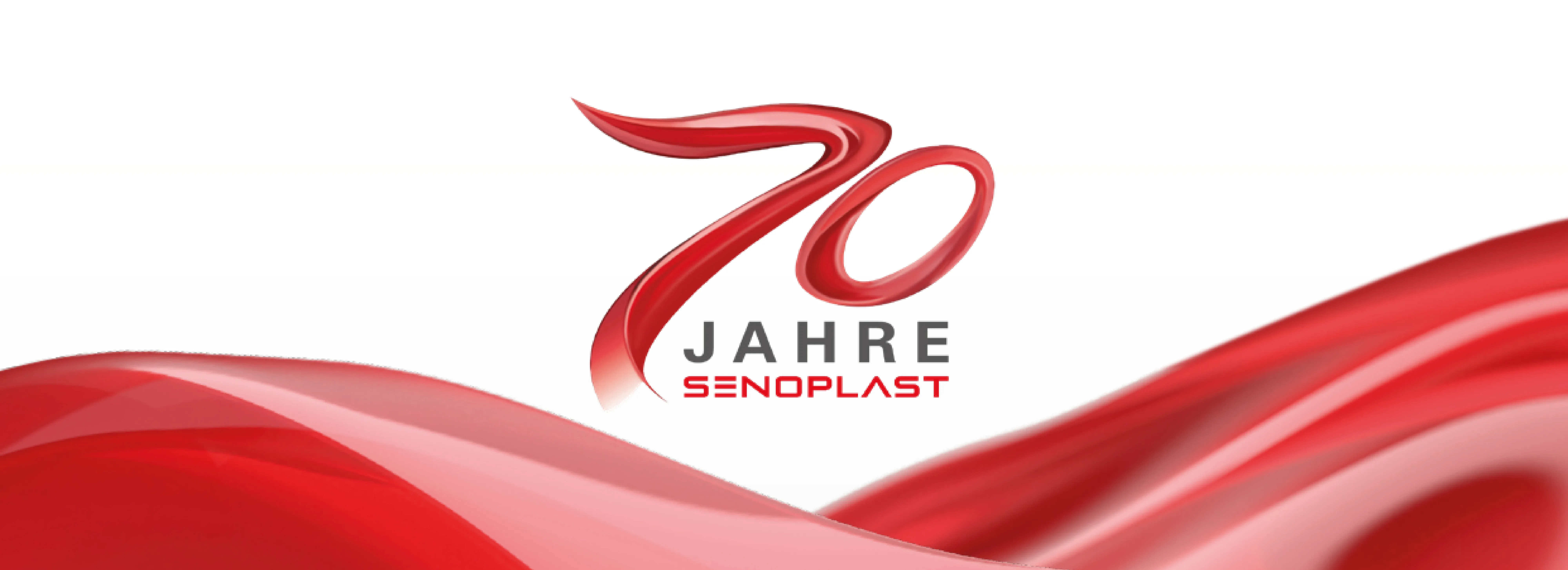 Red "70 Jahre Senoplast" logo on a white background with dynamic, flowing red ribbon design.