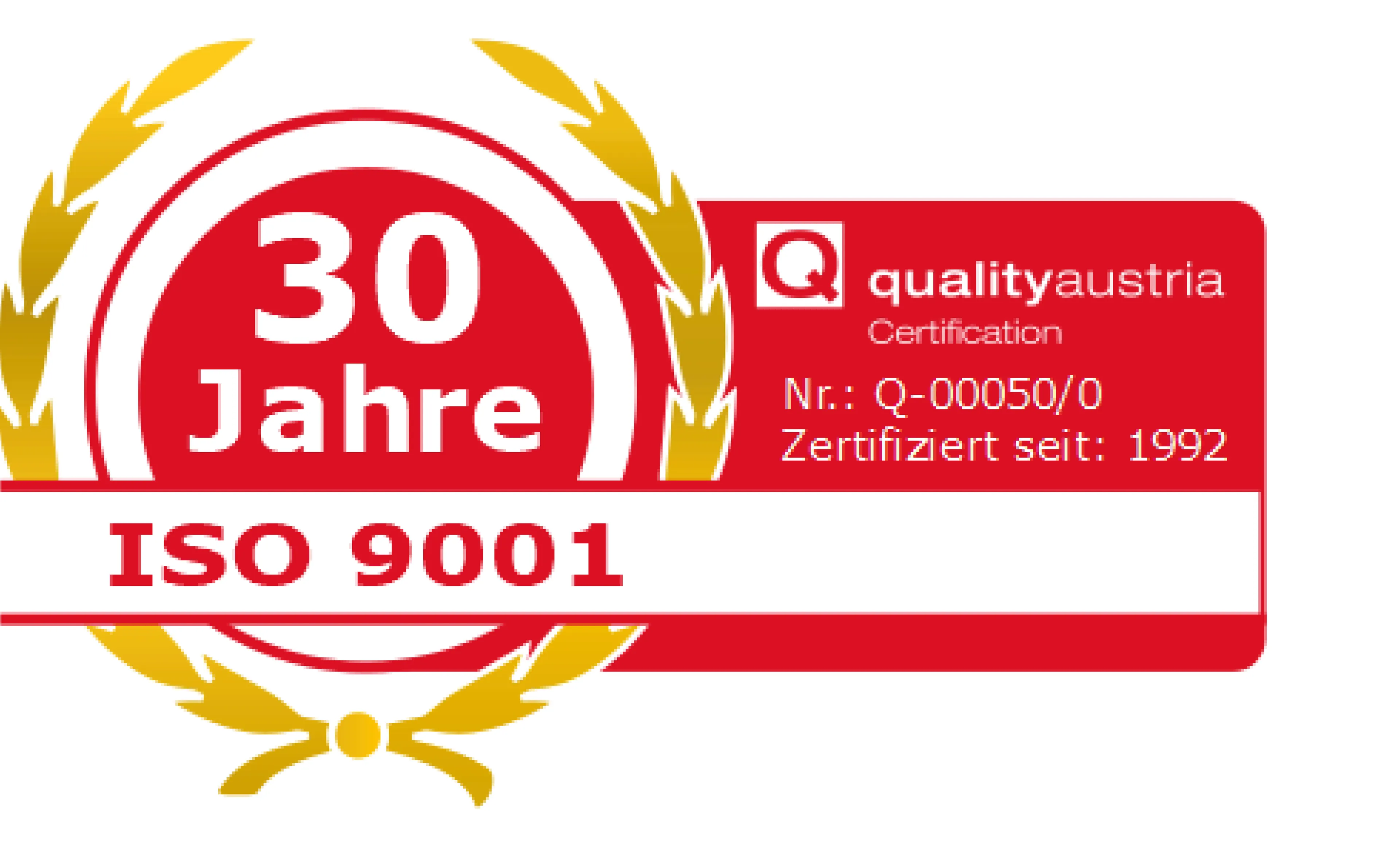 Red and gold Quality Austria certification seal for ISO 9001, celebrating 30 years since 1992. Certificate No: Q-00050/0.