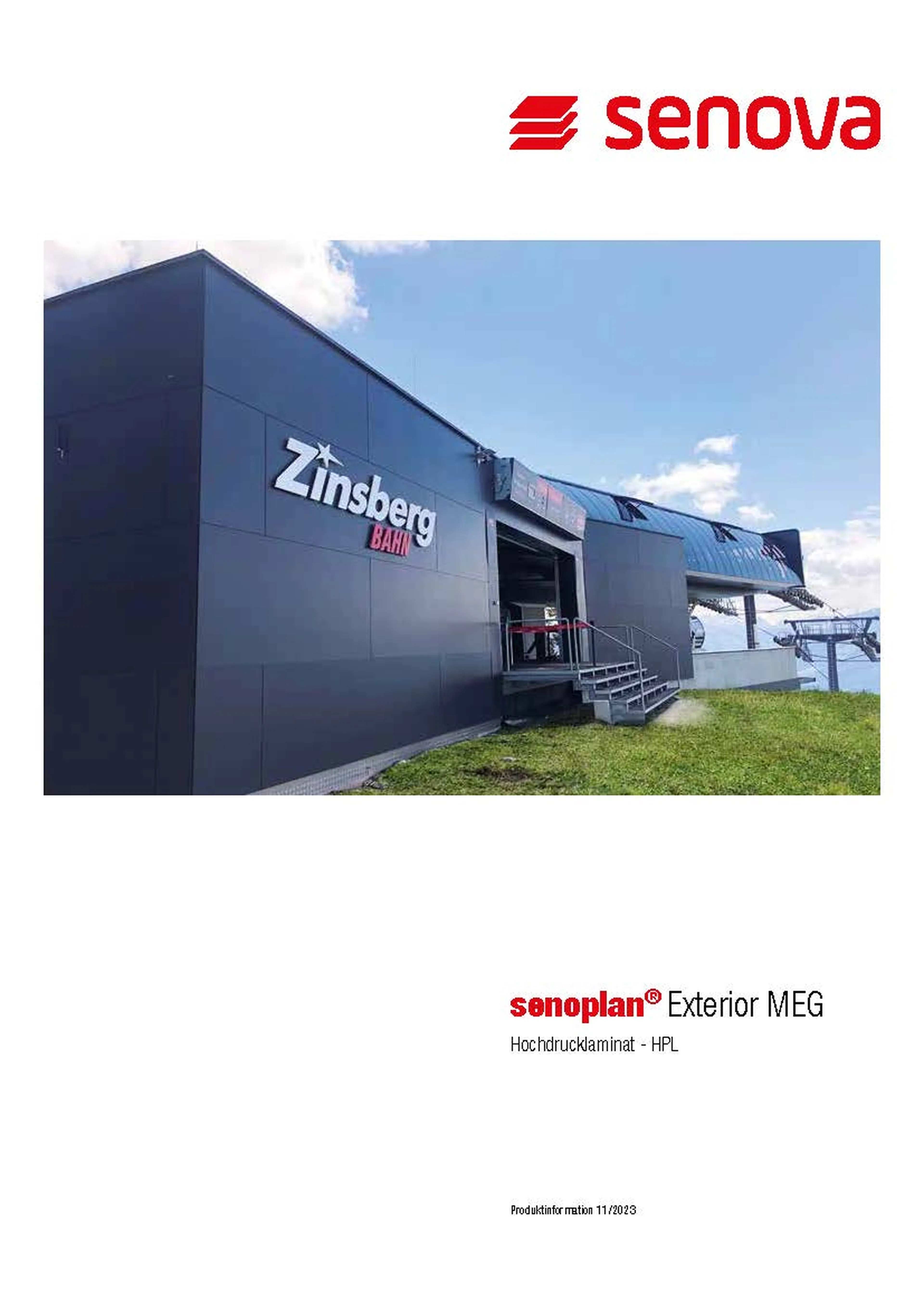 Modern building with "Zinsberg Bahn" sign, under blue sky. Senova logo above. Text: "senoplan® Exterior MEG Hochdrucklaminat - HPL."