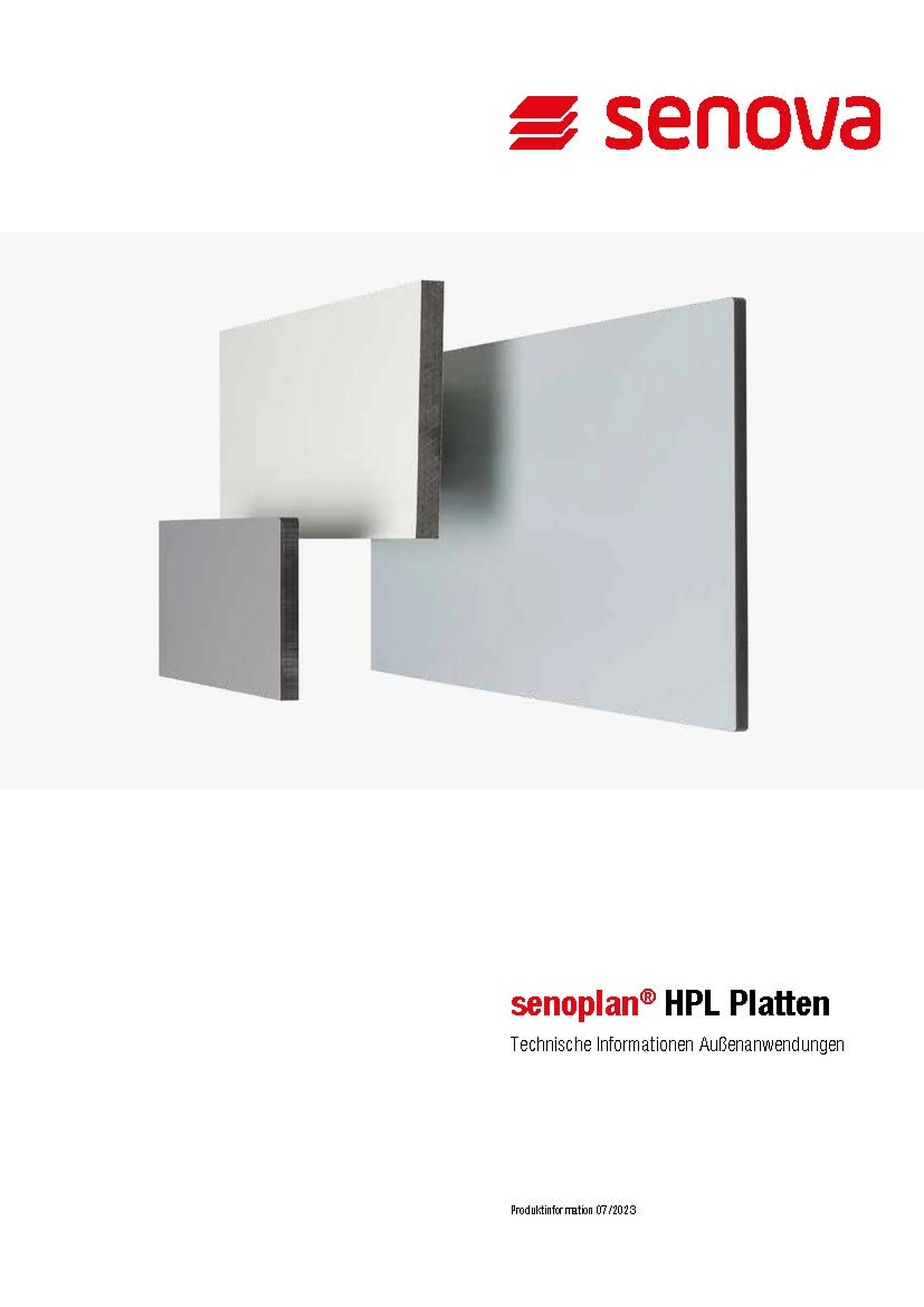 Cover page for Senova's Senoplan HPL boards brochure, featuring images of stacked panels and logo on a white background.