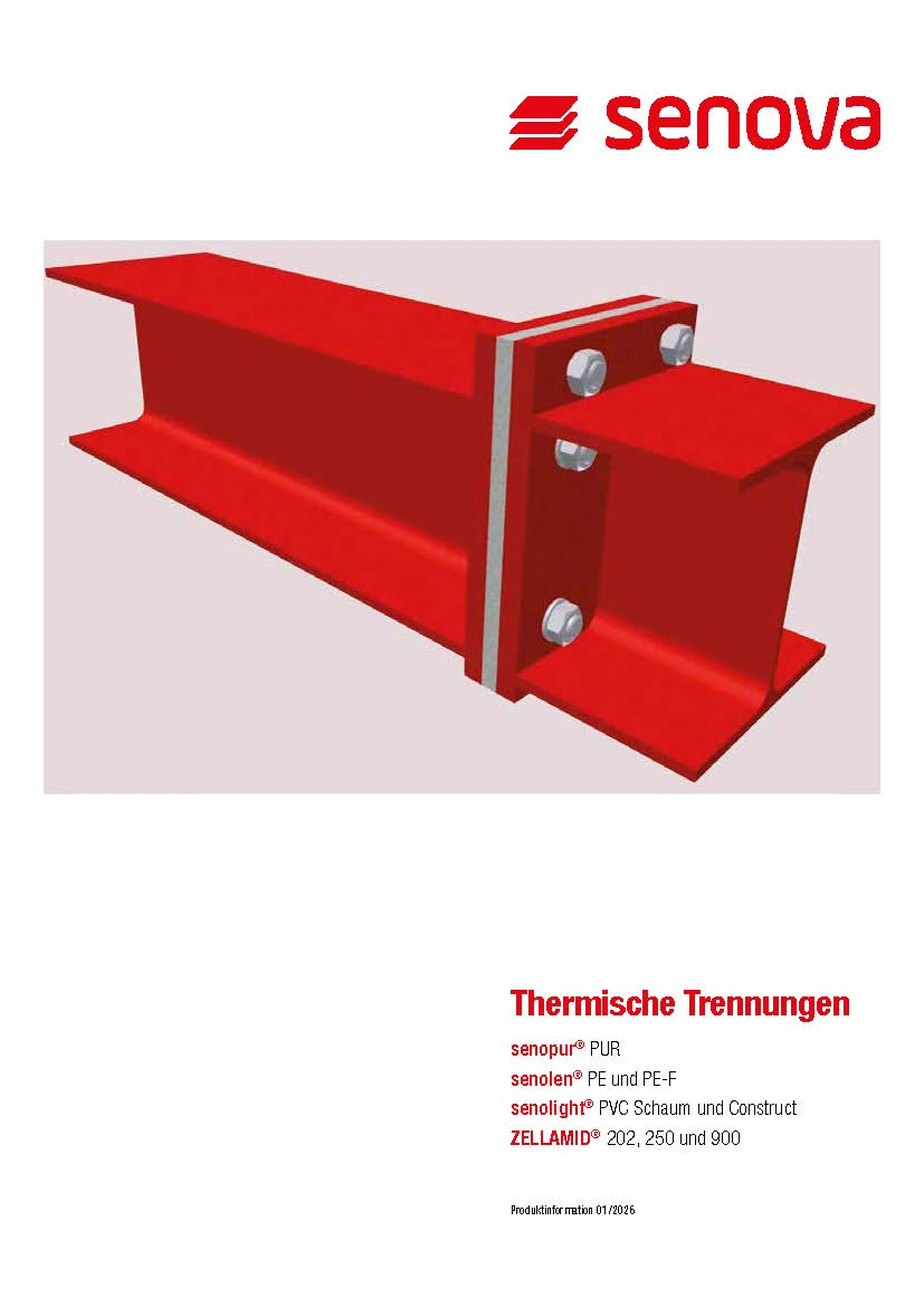 Diagram of a red structural beam with bolts, featuring the Senova logo and text about thermal separations and materials.