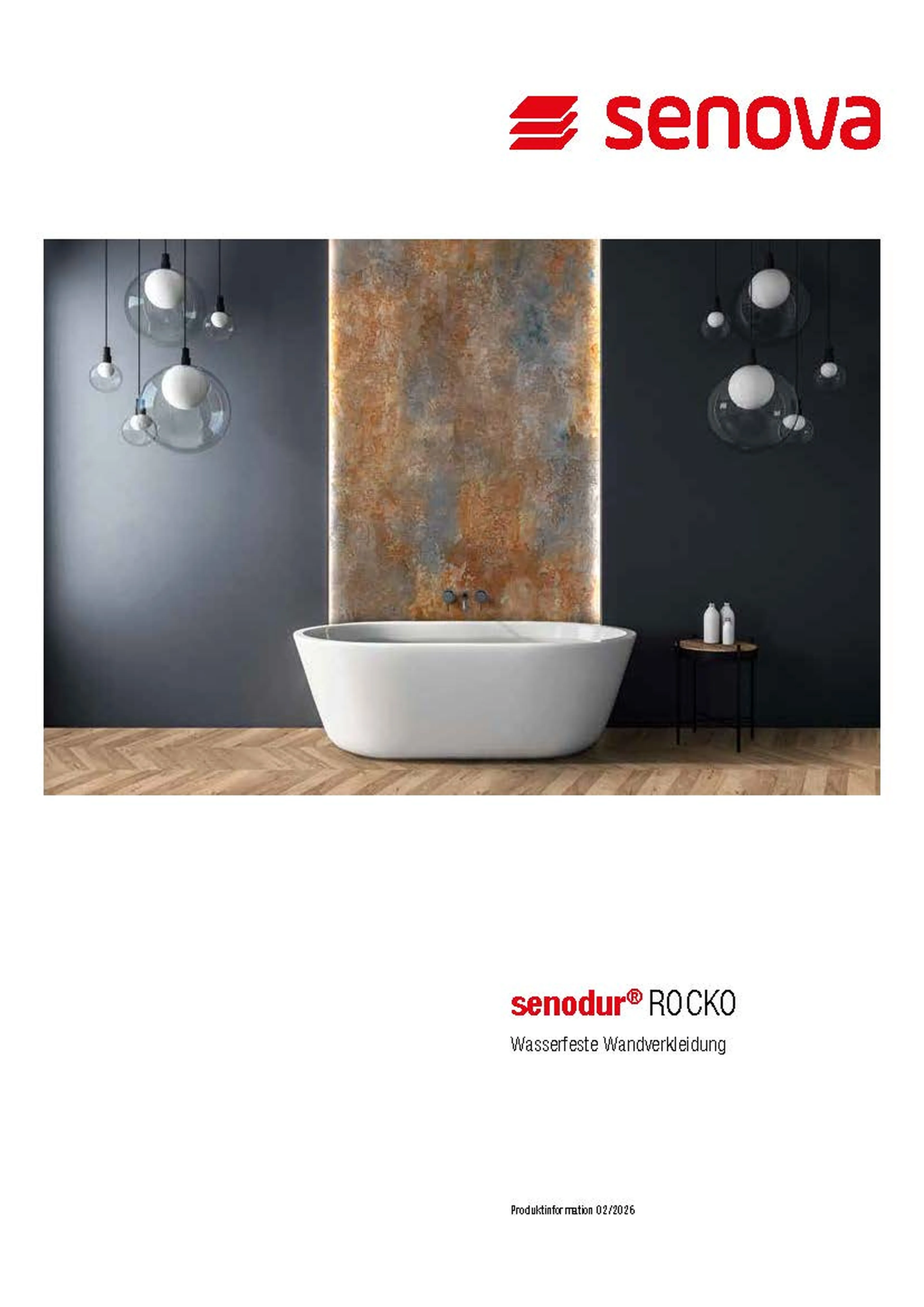 Modern bathroom with a white freestanding tub, decorative wall panel, hanging lights, and wooden floor. Senova branding at the top.