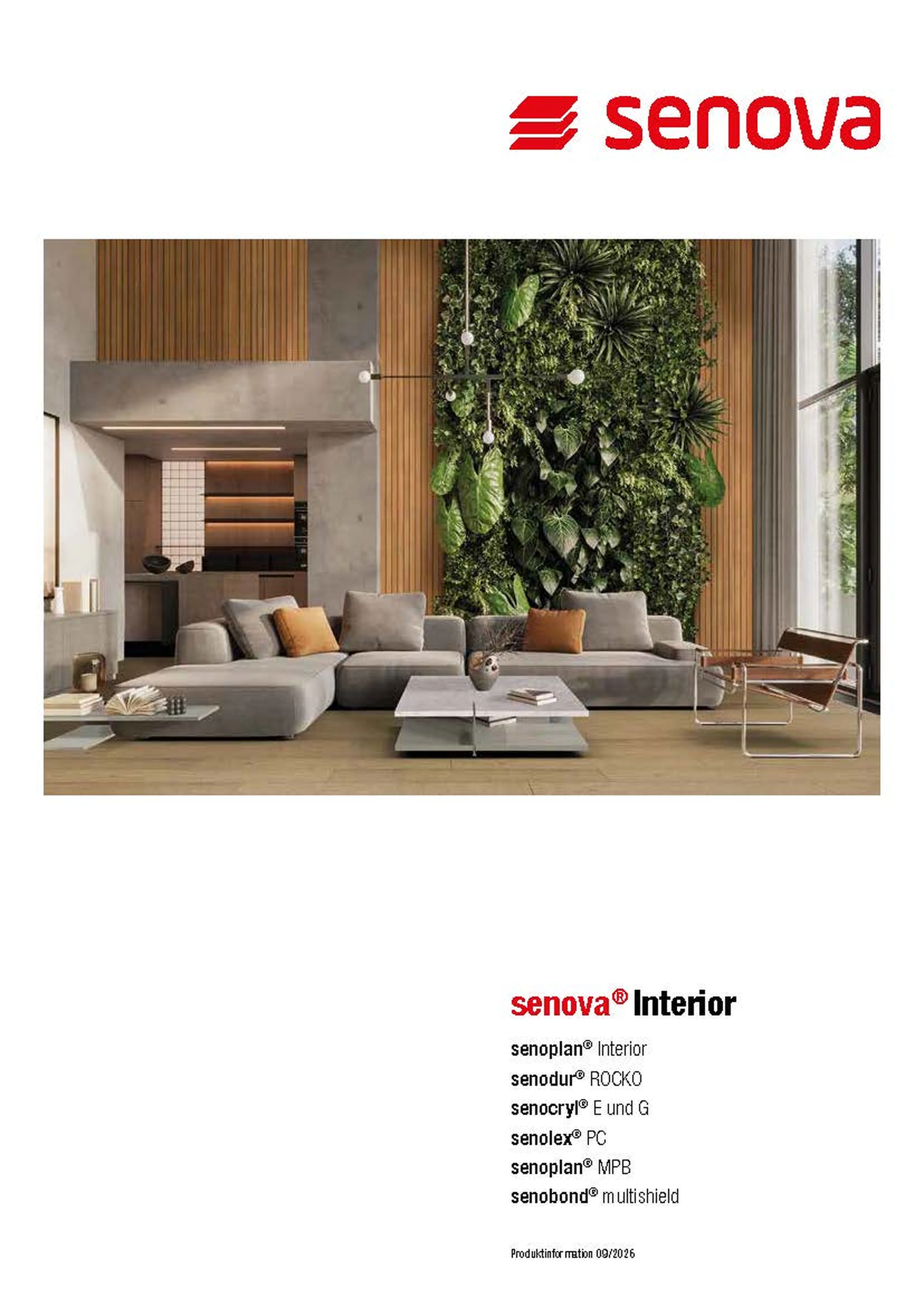 Modern living room with a green plant wall, gray sofa, and coffee table. Senova logo and text list interior products below.