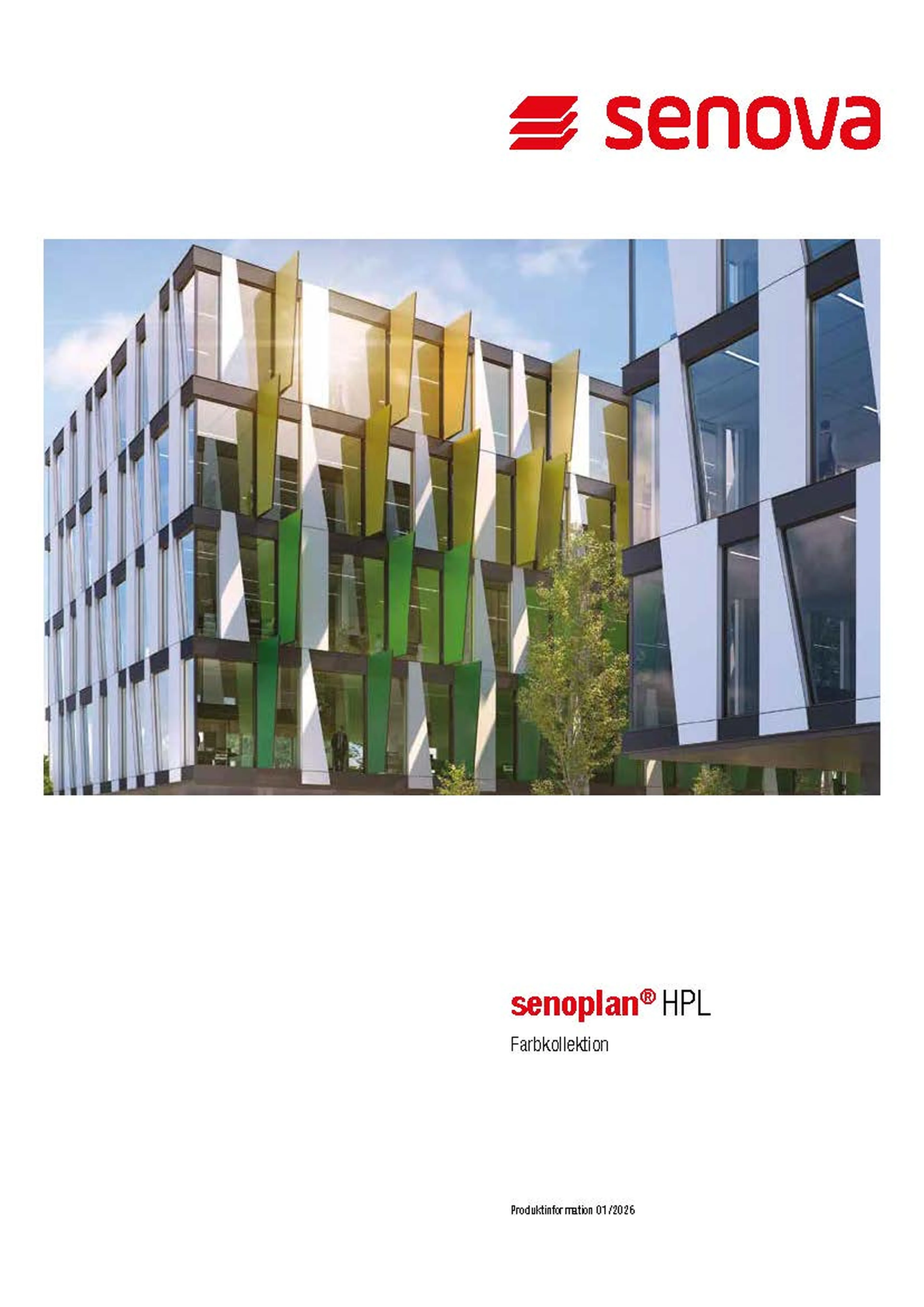 Modern building with green and yellow panels under the "senova" logo. Text reads "senoplan HPL Farbkollektion."
