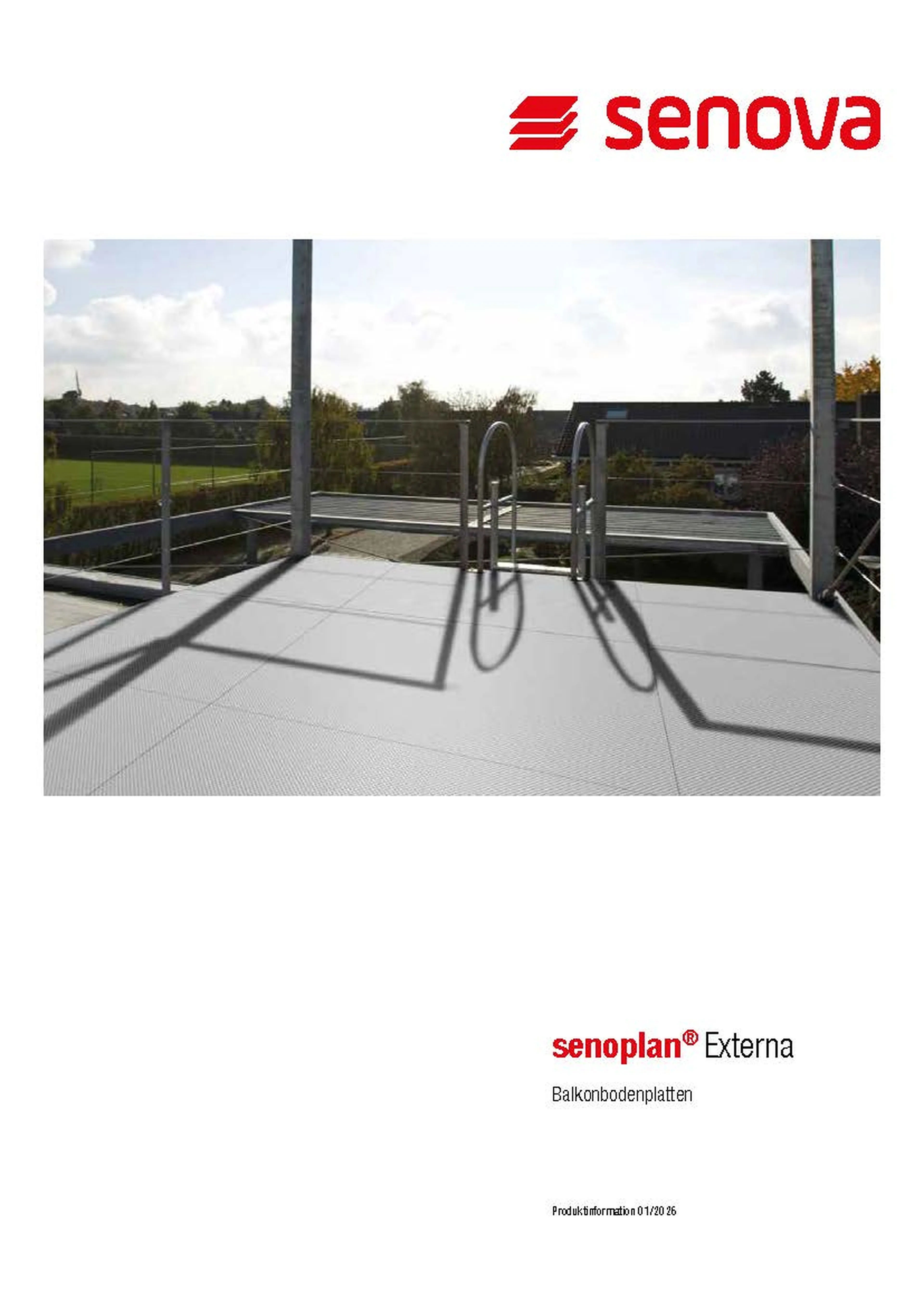 Outdoor balcony with metal flooring, railings, and ladder; trees, buildings in background. "Senova" logo and "senoplan® Externa" text visible.