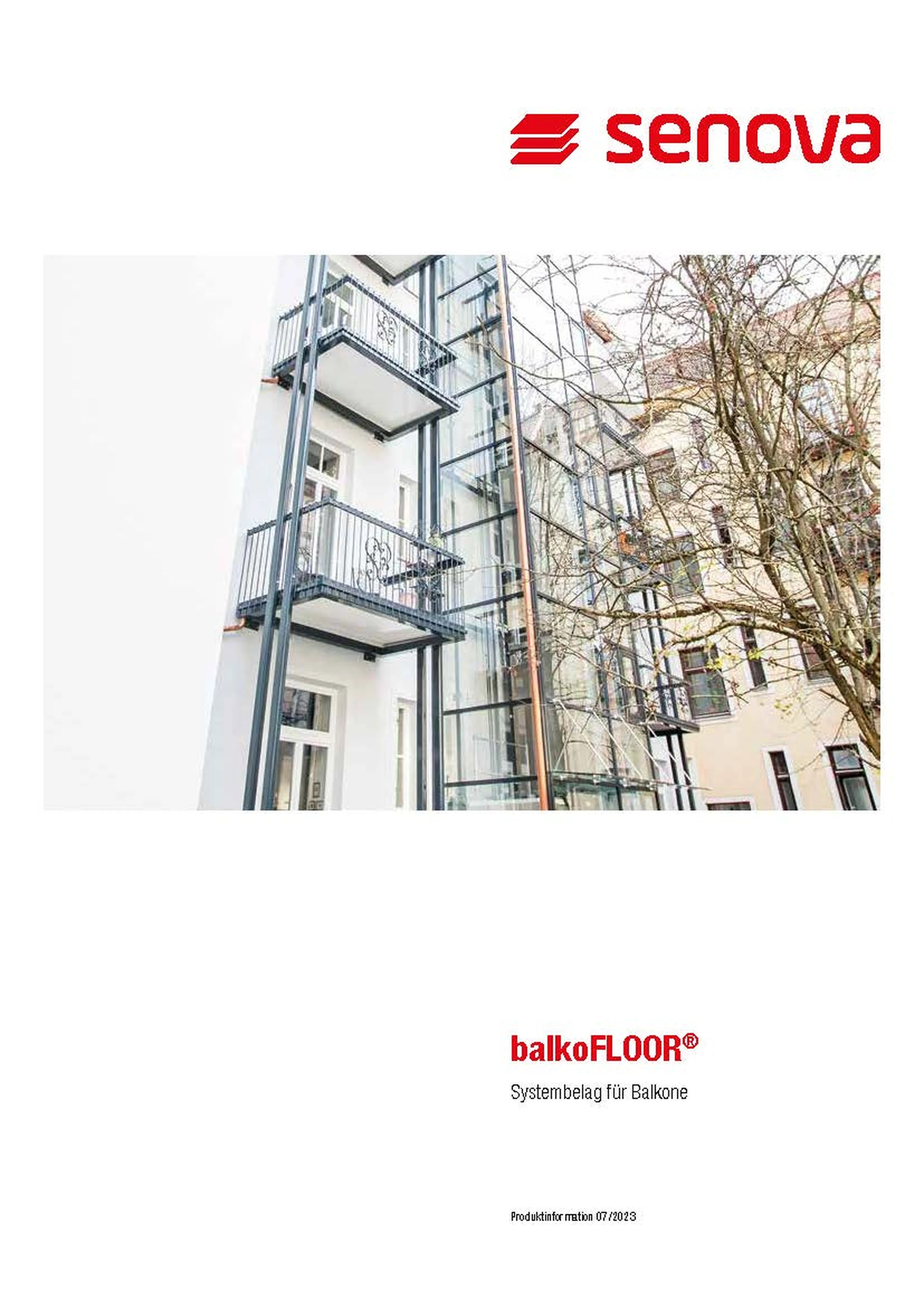 Facade with metal balconies and glass structures beside leafless trees. Logo and text: "senova" and "balkoFLOOR® Systembelag für Balkone".