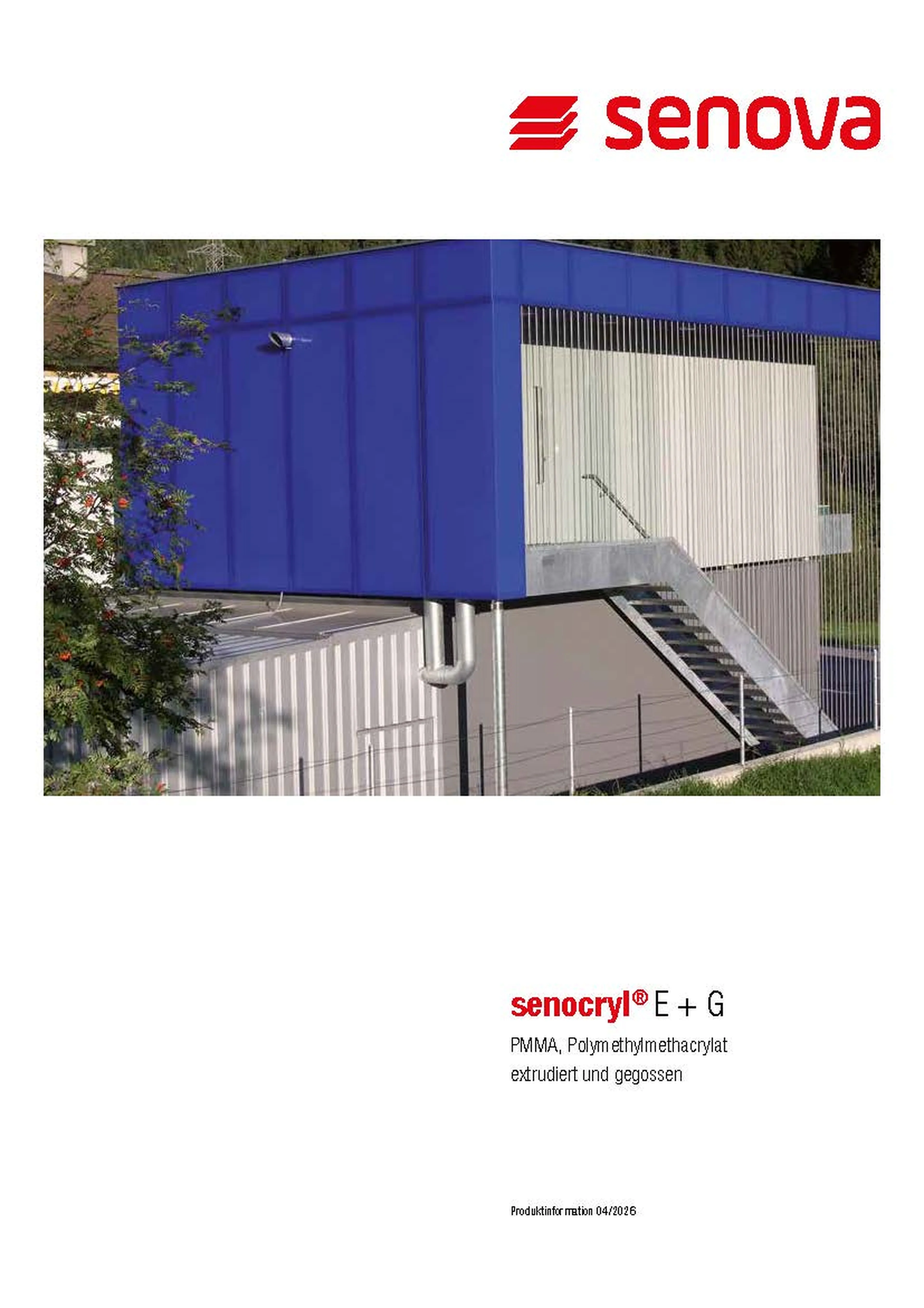 Modern blue building with exterior stairs, logo "senova" above, and product detail text "senocryl® E + G" below.