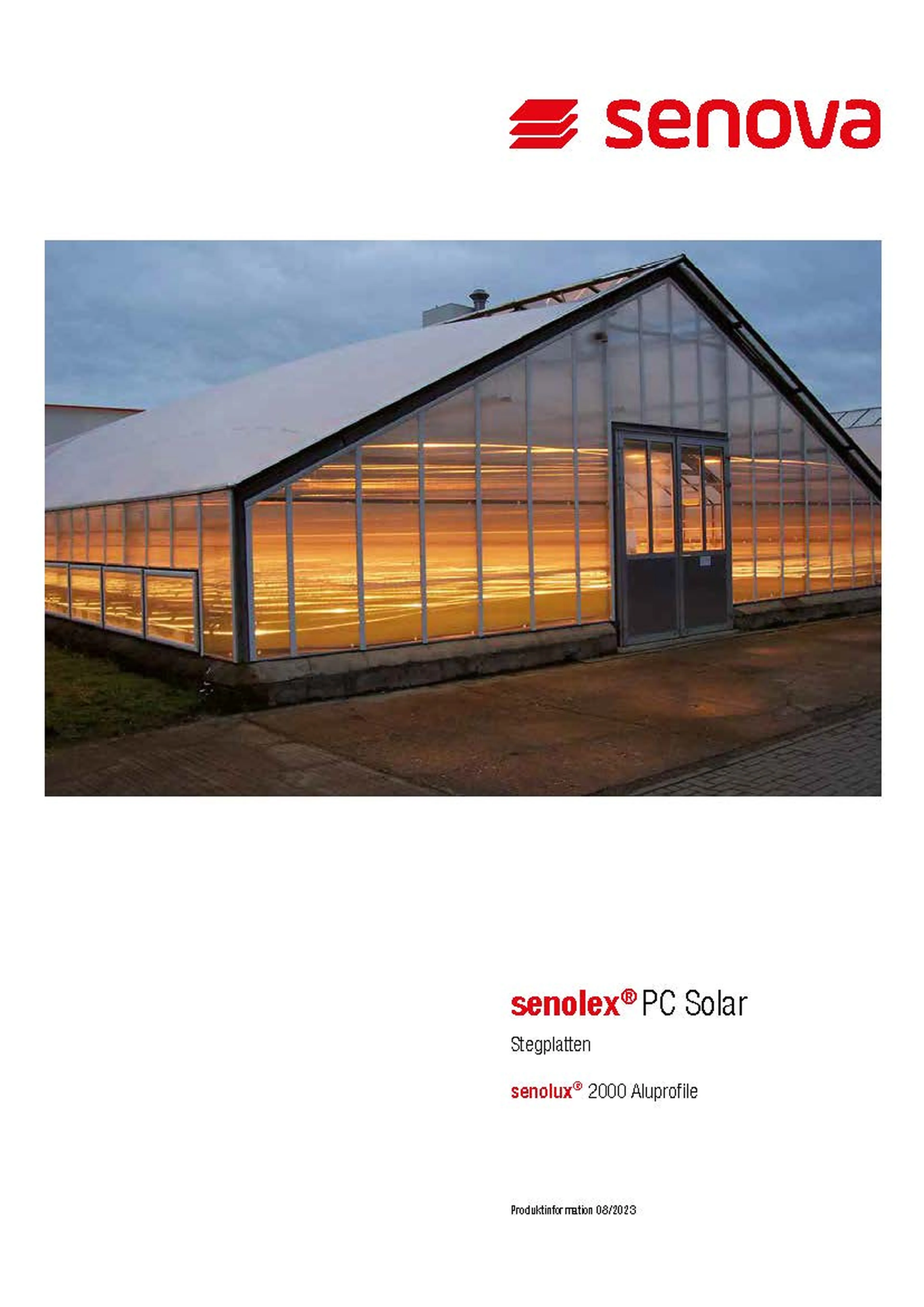 A greenhouse glowing warmly at dusk under a cloudy sky, with "senova" branding and product details for Senolex PC Solar panels visible.