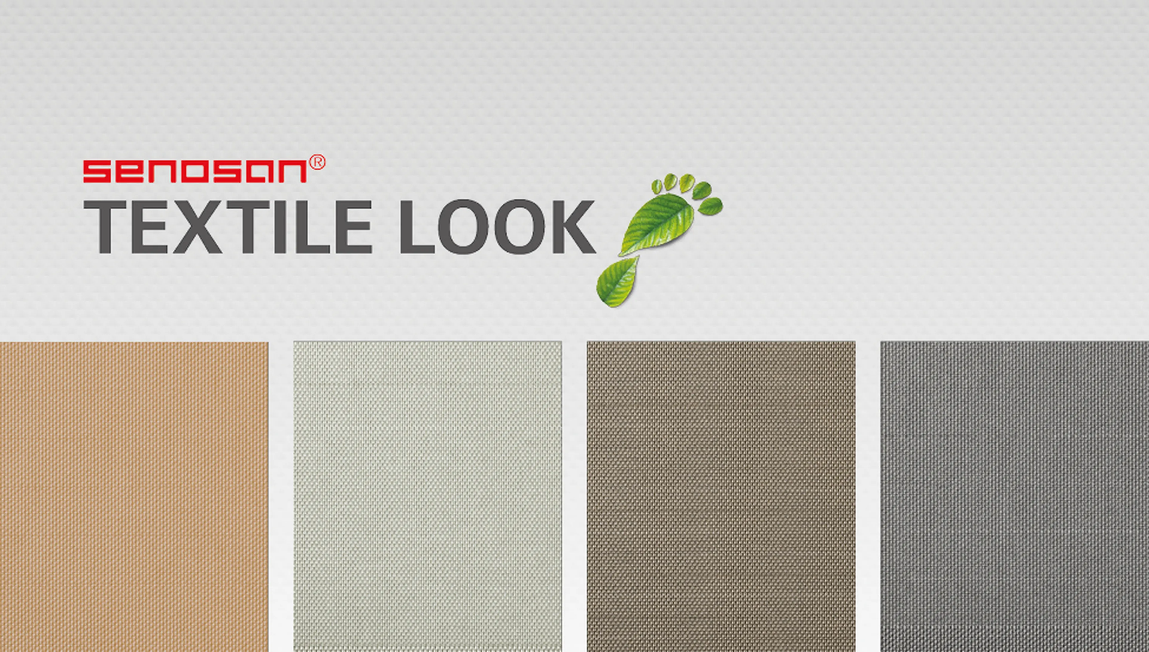 Four textile samples in beige, gray, and dark gray under the title "Textile Look" with a green leaf footprint logo.