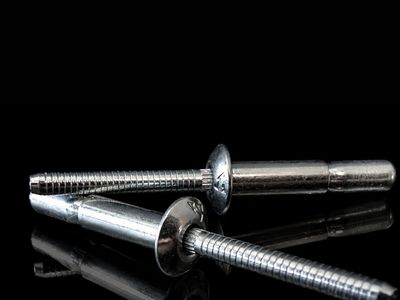 Two Saribolt structural blind rivets with Sariv custom logo lying on a glossy black surface, reflecting light.