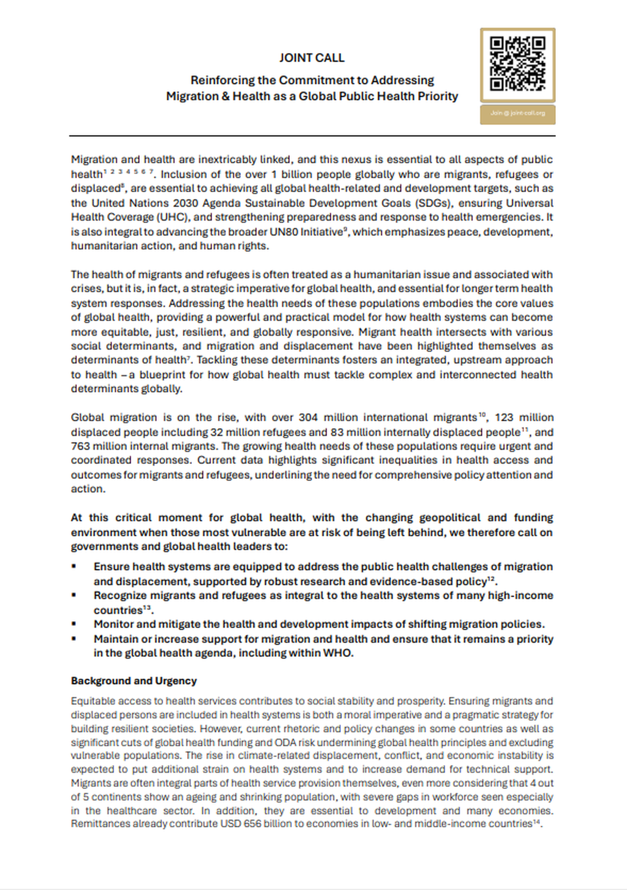 Joint Call on Migrant and Refugee Health endorsed by WHS Academic Alliance