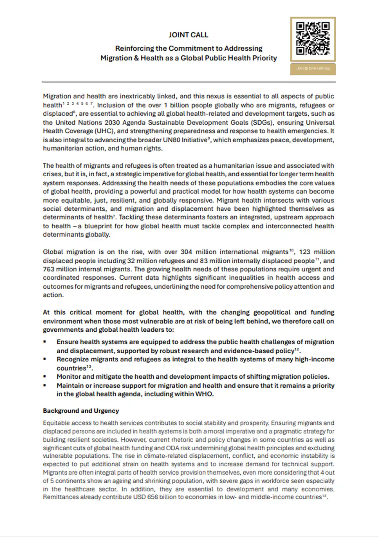 Joint Call on Migrant and Refugee Health endorsed by WHS Academic Alliance