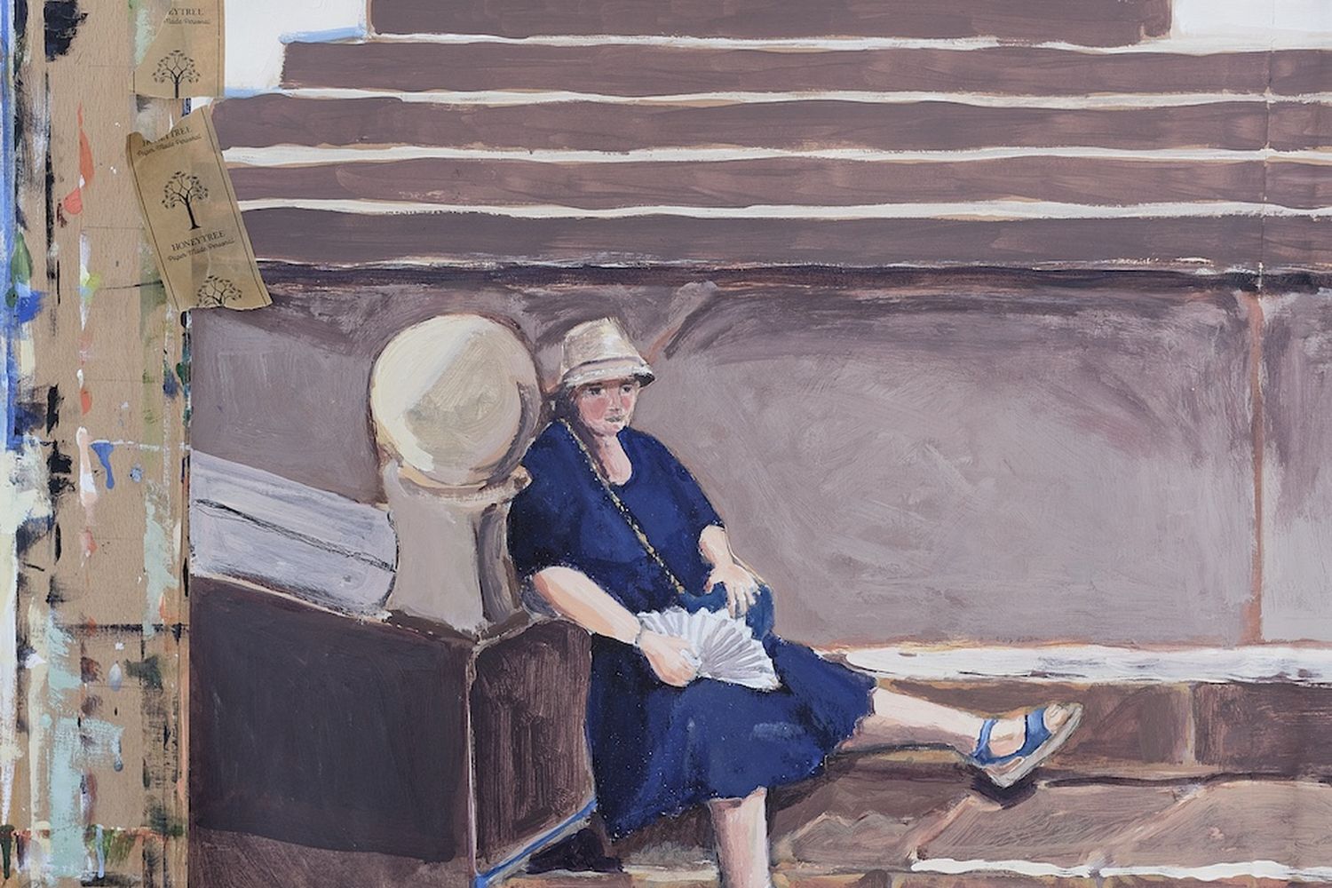 A woman in a blue dress and hat sits on a set of stairs, holding a fan. The background features a wall with a blue and white color scheme. [G]