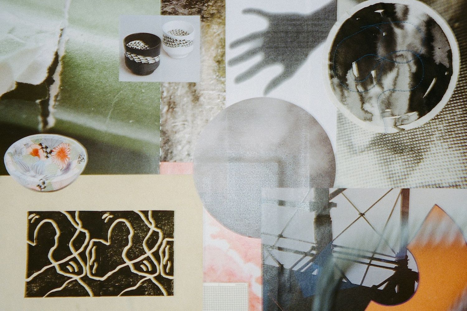 A mood board of a bowl, lino print, two smaller bowls, green bamboo, and various other materials and textures.