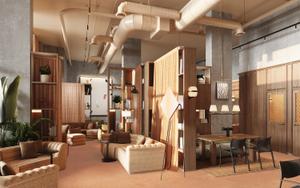 "Modern co-working space with wooden partitions and comfortable seating in Way of Life luxury apartment rentals, offering stylish communal areas." [G]