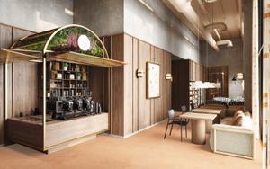 "Elegant co-working space with coffee bar in Way of Life luxury apartment rentals, featuring modern design and comfortable seating areas." [G]