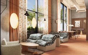 "Stylish co-working space with comfortable seating and natural light in Way of Life luxury apartment rentals, offering modern amenities." [G]