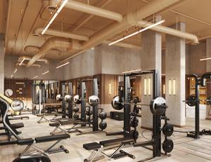 "Modern fitness center with weight equipment and training stations at Way of Life luxury apartment rentals, offering amenities for secure living." [G]