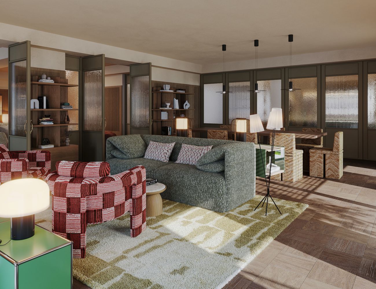 "Modern co-working space in Way of Life luxury apartment rentals featuring stylish seating, glass partitions, and contemporary lighting for secure, comfortable living." [G]