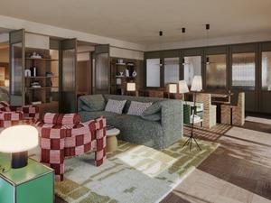 "Modern co-working space in Way of Life luxury apartment rentals featuring stylish seating, glass partitions, and contemporary lighting for secure, comfortable living." [G]