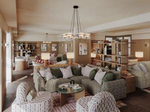 "Elegant communal lounge with comfortable seating and modern chandelier in Way of Life luxury apartment rentals featuring co-working spaces." [G]