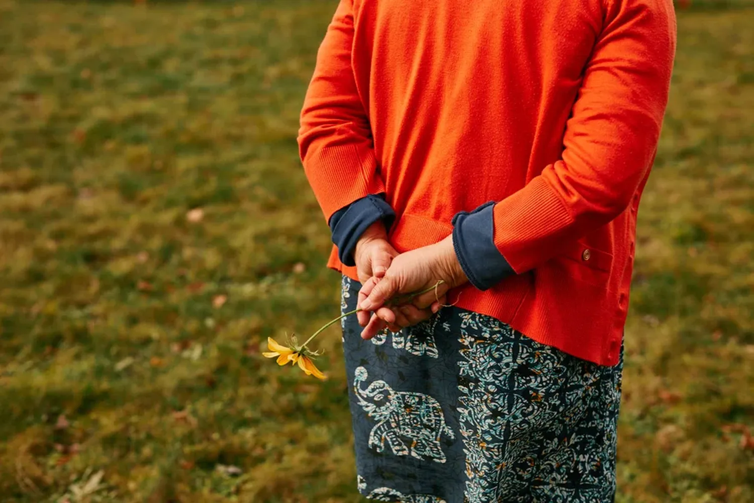 A person in an orange sweater and a patterned skirt stands in a grassy field, holding a yellow flower in their hands. [G]