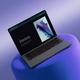 An open laptop rests on a dark blue ottoman. On the screen, a workflow for exploring product development opportunities with an image of a purple cleat.