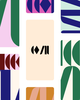 Abstract geometric pattern with bold colors, featuring shapes like triangles and semi-circles in a grid layout on a white background.