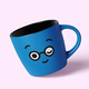 Blue mug with a smiling face and glasses graphic, tilted on its side, on a pastel pink background.