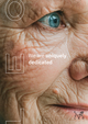 Close-up of an elderly person's face with blue eyes and wrinkles. Text reads, "We are uniquely dedicated" alongside LEO logo.