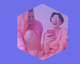 Two people laughing, wearing pink outfits. One holds a pink phone. The image has a hexagonal frame with a purple background.