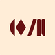 Abstract geometric logo with a diamond, curved shape, and three vertical bars in maroon on a beige background.
