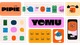 Colorful cartoon characters with various expressions and letterforms spell "PIPIE" and "YOMU" in bold text, styled across sections.
