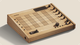 Wooden MIDI controller with grid pattern, knobs, and buttons on a beige background.