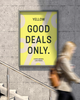 A person walking down a staircase with a sign behind them that reads 'Yellow: Good Deals Only.'